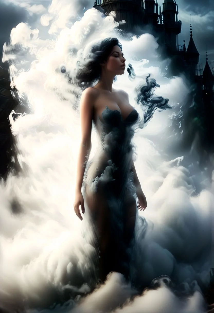 smoke, a gas in the form of a woman made of fog misting into a glass bottle, inside glass bottle black and white swirl smoke rises from inside bottle into swirling form of woman, womans body is made of translucent shimmering black resin, bright black sparkling hair with white highlights, full body, masterpeice, fluid, flora, muted colors, smooth, luxurious, extremely detailed, crystal effect, single light source, light source from behind, light shining through translucent glass bottle, light shining through translucent black gas nude woman, cloud skin, mad-abvthclds, clouds, in the sky, castle