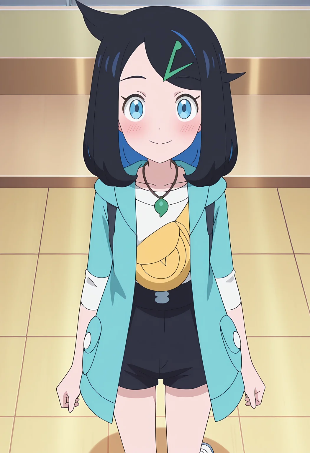 masterpiece, best quality, high resolution, source_anime, highly detailed illustration, detailed eyes, very aesthetic, absurdres, newest, amazing quality, 
1girl, solo, anime screencap, anime coloring, 
<lora:shiLikoV1ill:1>, shilikodef, bangs, blue eyes, black hair, multicolored hair, eyelashes, cowlick, hairclip, medium hair, 
necklace, jewelry, hair ornament, sleeves past elbows, long sleeves, 
white shirt, open jacket, blue jacket, open coat, hooded jacket, green coat, yellow bag, 
blue shorts, black shorts,
shoes, belt, white footwear, white socks, 
looking at viewer, smile,  blush,