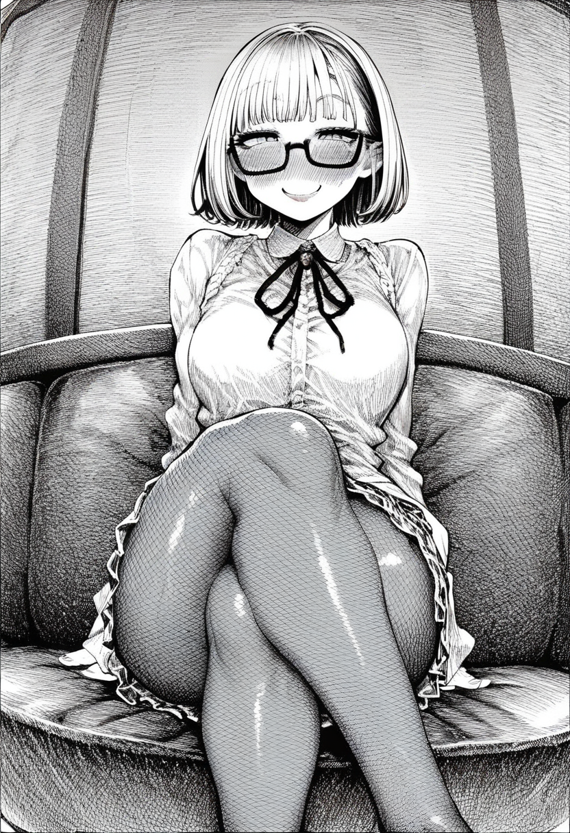 score_9, Score_8_up, Score_7,detailed,
, <lora:Hirune_style:1>,hirune  style, blush, medium chest, curvy,short dress,glasses,medium hair,smug smile,crossed legs, fishnet tights