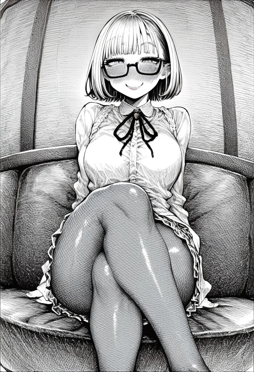 score_9, Score_8_up, Score_7,detailed,
, <lora:Hirune_style:1>,hirune style, blush, medium chest, curvy,short dress,glasses,medium hair,smug smile,crossed legs, fishnet tights