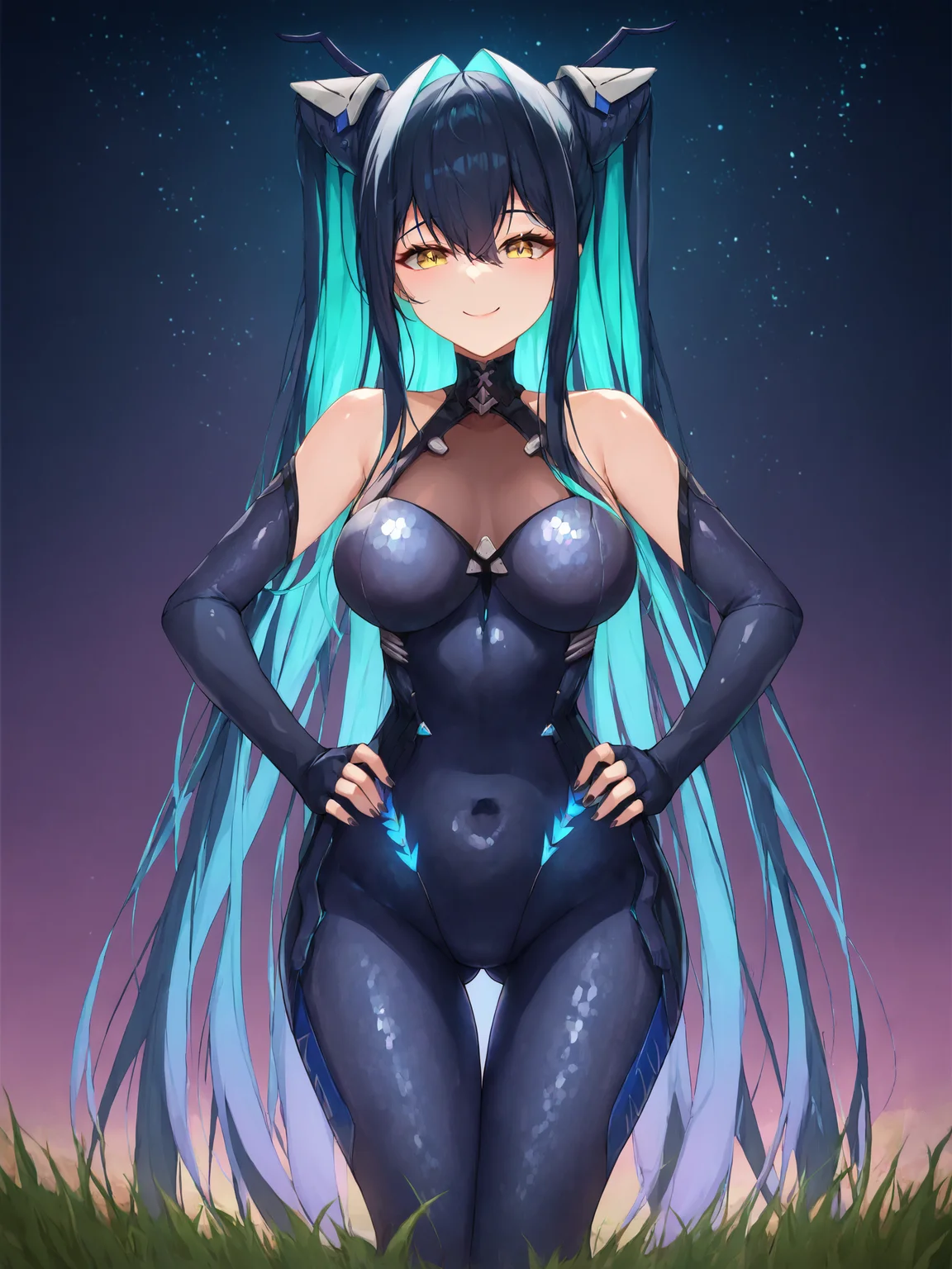 score_9, score_8_up, score_7_up, 1girl, solo, BREAK,
sirenlittlemermaidnikke, very long hair, hair intakes, twintails, hair between eyes, multicolored hair, colored inner hair, two-tone hair, black hair, aqua hair, yellow eyes, large breasts, BREAK,
black bodysuit, backless bodysuit, halterneck, covered navel, bare shoulders, gloves, hexagon print, honeycomb \(pattern\), honeycomb print, <lora:Little_Mermaid_Siren:1>, BREAK,
looking at viewer, smile, hands on own hips, ass visible through thighs, facing viewer, BREAK,
grass, sand, starry sky background, gradient background, pink background, blue background