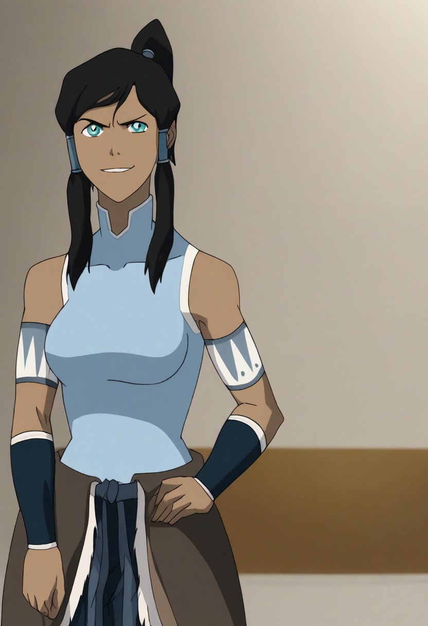 cowboy shot, <lora:modern_anime_screencap_v1_0:0.45> anime screencap, (highres, best quality), zPDXL, <lora:Pony_DetailV2.0:0.5> <lora:t10m1n-000031:1> t10m1n, 1girl, dark-skinned female, aqua eyes, sidelocks, hair tubes, high ponytail, notched_collar, female focus, looking at viewer, parted lips, smirk, standing, hand on hip, curvy, breasts, classic_attire, sleeveless, armlet, bracers, waist_pelt, megami monthly magazine, white background,