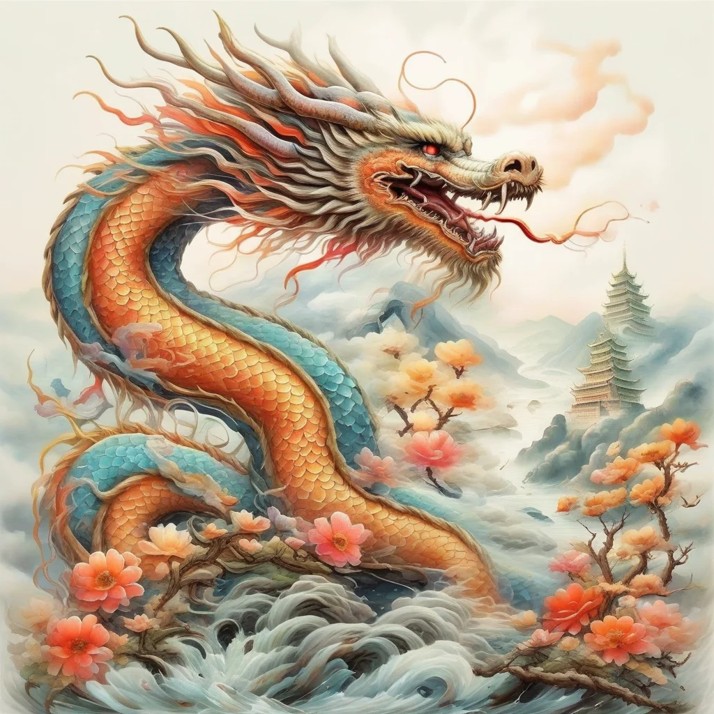 an image of chinese dragon ,river,hill, cloud,flowers,watercolor painting<lora:20240205_spring_dragon_checkpoint-4000:1.0>