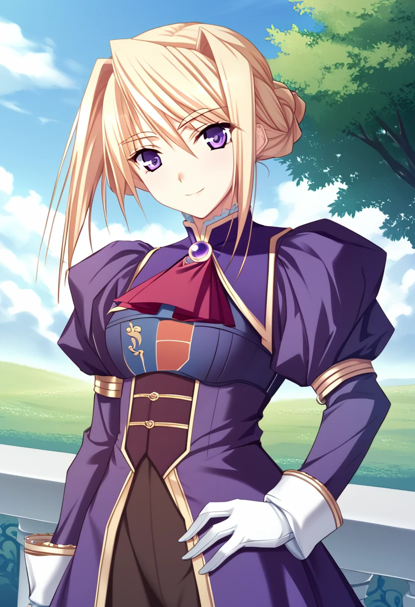score_9, score_8_up, score_7_up, absurdres, best quality, ydsylvia, 1girl, solo, blonde hair, purple eyes, hair between eyes, bangs, tied hair, side bangs, otft2, purple dress, long sleeves, puffed sleeves, red ascot, high colar, White gloves, brooch, gem, juliet sleeves, outdoors, light smile, looking at the viewer, dutch angle, wind, wind blow hair, upper body
<lora:Sylvia_van_Hossen_ponyXLC:1>