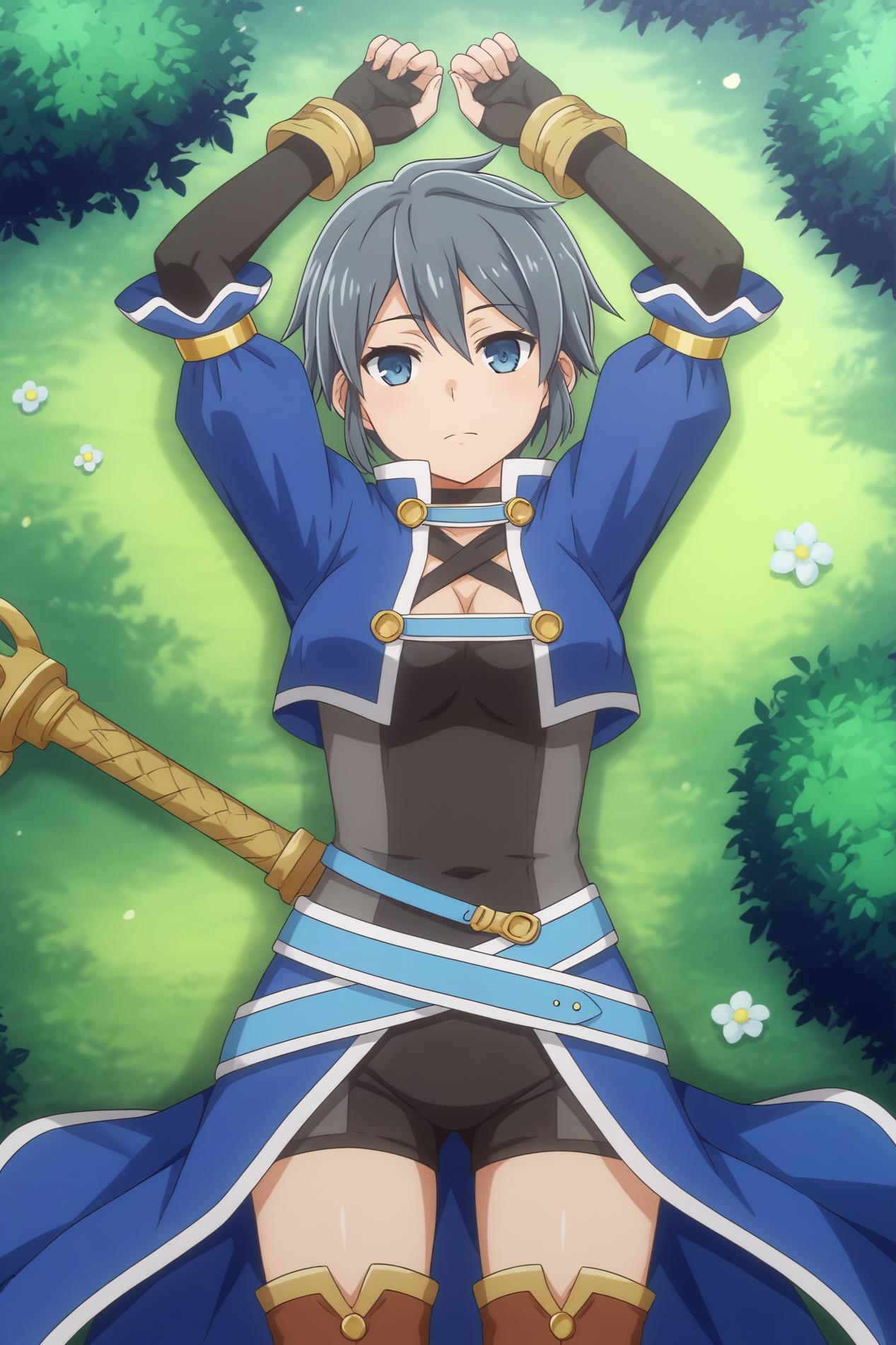 score_9,  Ardee Varma, anime style,  Lying on back with arms stretched above the head, Fantasy Forest <lora:Danmachi-Ardee_Varma-PDXL:0.8>
