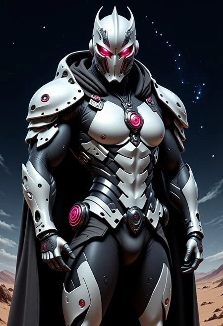 Space Ranger, Futuristic Tactical Armor, High-Tech Bow, Weathered Cloak, Starry Sky, Alien Landscape, Distant Planets, Glowing Tech Symbols, Cosmic Backdrop, Focused, Expression, Battle-Hardened, Mysterious Atmosphere, White and Red armor