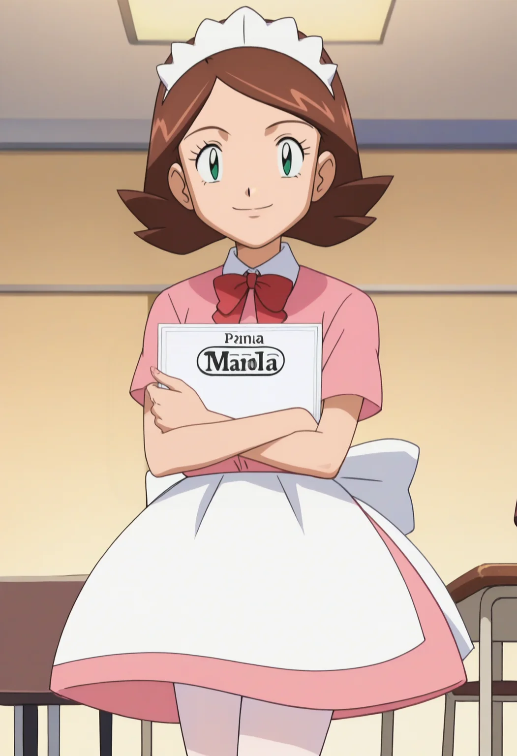 score_9, score_8_up, score_7_up, score_6_up, anime screencap, anime coloring, <lora:PMRhodaRhondaSis_epoch_8:0.8>, PMRhonda, brown hair, short hair, green eyes, maid headdress,
red bowtie, pink shirt, short sleeves, pink skirt, waist apron, white pantyhose,
holding menu, looking at viewer, smile, menu, closed mouth,
BREAK indoors,