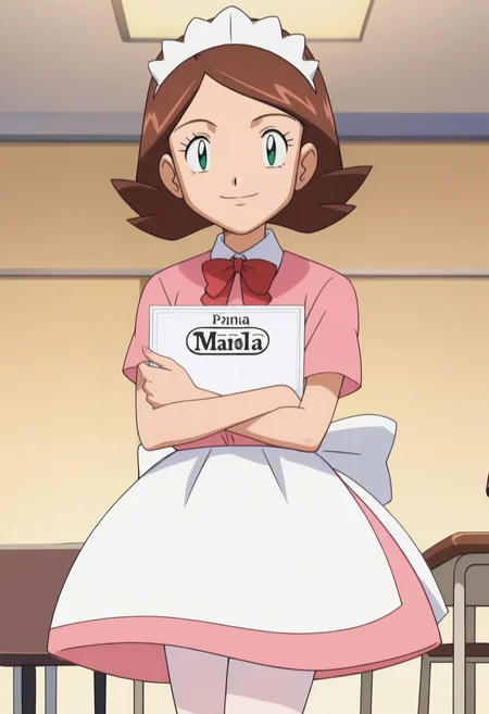 score_9, score_8_up, score_7_up, score_6_up, anime screencap, anime coloring, <lora:PMRhodaRhondaSis_epoch_8:0.8>, PMRhonda, brown hair, short hair, green eyes, maid headdress,
red bowtie, pink shirt, short sleeves, pink skirt, waist apron, white pantyhose,
holding menu, looking at viewer, smile, menu, closed mouth, 
BREAK indoors,
