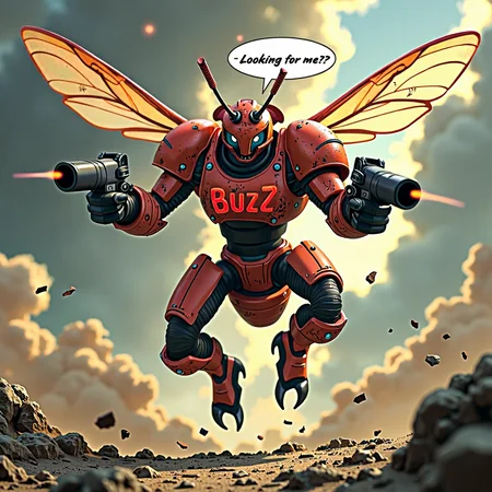 A fierce, red, armored wasp flying in mid-air, looking at the viewer, aiming multiple weapons at the viewer with its mechanical arms. Its heavy armor is intricately detailed with scratches and glowing red accents, giving it a wild and menacing look. On its chest, the word 'Buzz' is boldly engraved or painted, standing out against its armor. Dust and debris rise from the ground beneath it, creating a dynamic sense of motion as it hovers aggressively. Its large, translucent wings buzz with energy, casting faint, flickering shadows around it.

Above its head, a speech bubble reads: 'Looking for me?!' The background is dim and dramatic, with swirling clouds and faint rays of sunlight breaking through, enhancing the tension and focus on the wasp. The ground below shows cracks and dirt, further emphasizing the intensity of its takeoff.