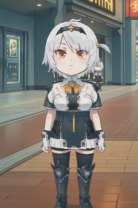 looking at viewer,facing viewer, <lora:shiXinzoroV1ill:1> shixinzoruo,chibi, <lora:Anby_Soldier_0_-_Zenless_Zone_Zero_ZZZ_-_Illustrious:1> Anby Soldier 0, white hair,hair-band,star hair-band decoration,side ahoge,short hair,orange eyes,large breasts,combat suit, high collar, star brooch, chest mesh, short sleeves, bike shorts,bike shorts under skirt,white fingerless gloves, white skirt, black thigh highs, futuristic shin covers, metal boots,, breasts,digital illustration,1girl, masterpiece, best quality,highres,