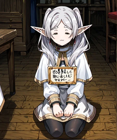 score_9,score_8_up,score_7_up,score_6_up,score_5_up,score_4_up,source_anime,best quality,masterpiece,
<lora:pet_shaming_pony_v1:1>,hansei_b,sitting,seiza,sign,
1girl,solo,
<lora:frieren-ponyxl-lora-nochekaiser:1>,frieren,
long hair,twintails,green eyes,grey hair,pointy ears,elf,shirt,long sleeves,jewelry,pantyhose,earrings,striped,black pantyhose,capelet,striped shirt,skirt,white skirt,
<lora:ChamElfExpressionPonyXL:1>,=w=,:3,= =,eyes closed,
indoors,inn,wooden floor,