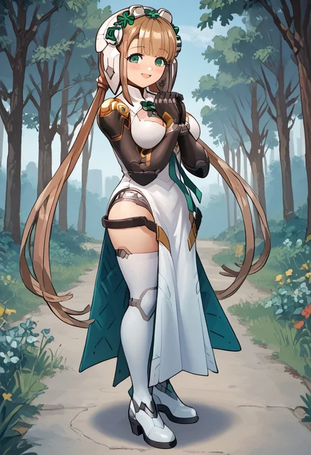score_4,score_5,score_6,score_7_up,score_8_up,score_9
((masterpiece,best quality,ultra detailed,highres,HD,4k:1.2)),
chibi,fullbody,deformed, deformed characters,
1girl, solo, girl forcus,solo forcus,
outdoors,
 robo girl,android,robot joints,very long hair,brown hair,low twintails,bangs,green eyes,head gear,head ornament,helmet,large breasts, white dress,cleavage,thighhighs,white thighhighs,Black Gauntlets,boots, smile,own hands together,
smile,blush,open mouth,