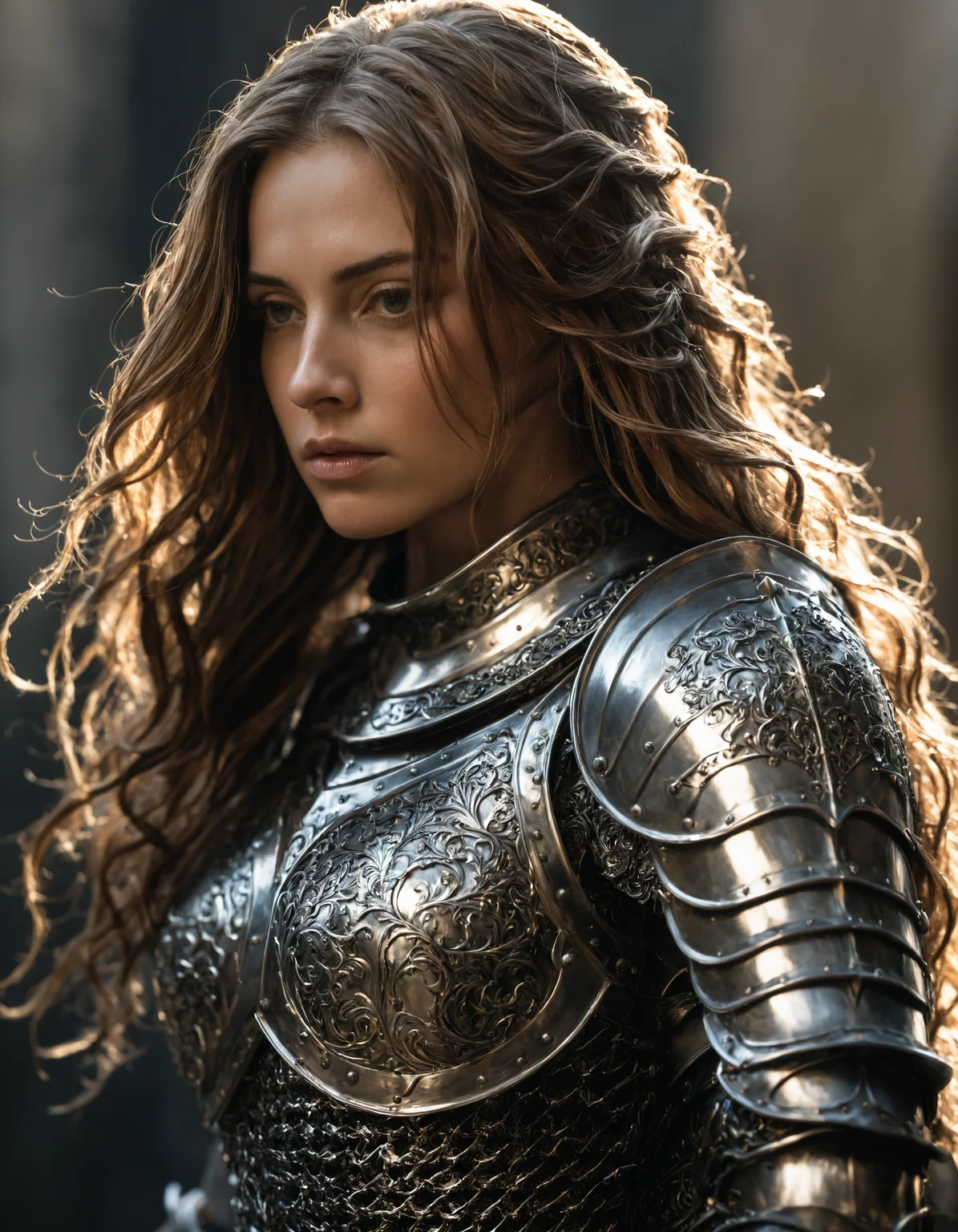 Mysterious armored female  knight, with flowing hair and intricate armor, bathed in soft, ambient light.
Turning slightly to the side, with a somber expression.
Realistic shadows cast by the armor, adding depth.High clarity on the figure, with a soft focus on the background.
Low side shot, focusing on the lower half of the figure.