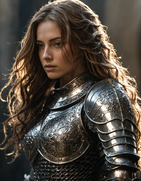 Mysterious armored female  knight, with flowing hair and intricate armor, bathed in soft, ambient light.
Turning slightly to the side, with a somber expression.
Realistic shadows cast by the armor, adding depth.High clarity on the figure, with a soft focus on the background.
Low side shot, focusing on the lower half of the figure.