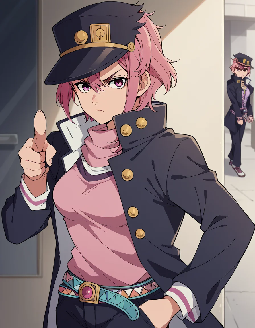 score_9, score_8_up, score_7_up, source_anime, <lora:aira-shiratori-alpha-ponyxl-lora-nochekaiser:1>, aira shiratori, short hair, bangs, hair between eyes, pink hair, pink eyes, medium breasts, <lora:kujo-jotaro-cosplay-ponyxl-lora-nochekaiser:1>, kujo jotaro cosplay, kujo jotaro (cosplay), gakuran, cosplay, belt, black headwear, black jacket, black pants, high collar, multiple belts, pants, shirt,, street, jojo pose, pointing, hand in pocket, cowboy shot, looking at viewer,, , dutch angle, cowboy shot