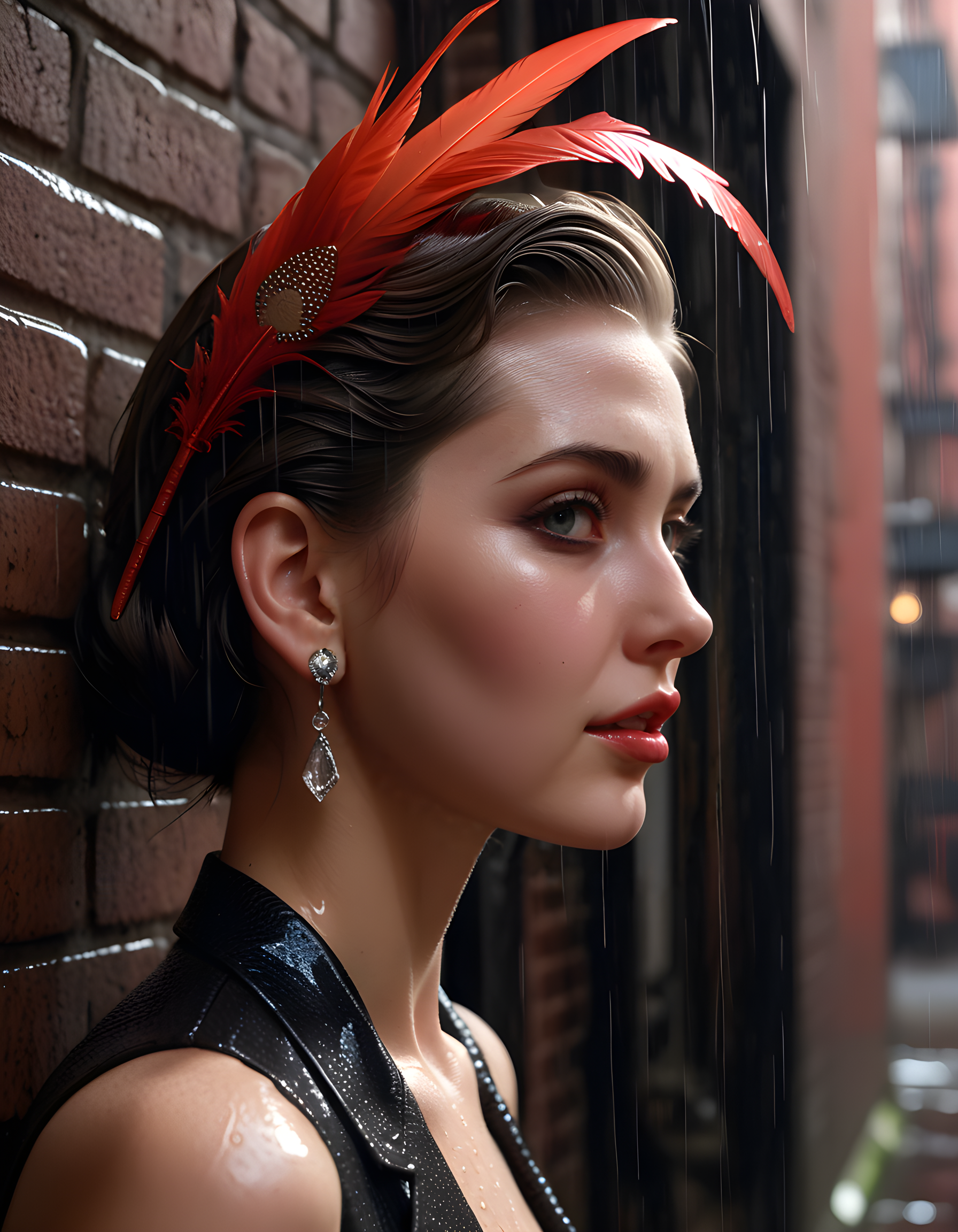 In a surreal, noir-inspired setting of a rain-drenched 1940s New York City alleyway, the enigmatic woman H4Z3L6 stands center-stage, her eyes smoldering with intrigue beneath the brim of her fedora. Drips of rainwater cascade from the brim onto her full, parted lips that are painted a vibrant red, mirroring the cherry-red feathers adorning her striking earrings. Her brown hair, slicked back and gelled, shines like obsidian against the damp, grimy brick walls of the alleyway. The camera lingers on her, capturing her in a close-up profile shot, with a soft, yet moody, focus that accentuates the mysterious allure emanating from her very being, as she gazes into the distance with an air of both vulnerability and strength, further adding to the enigmatic atmosphere of the scene.
