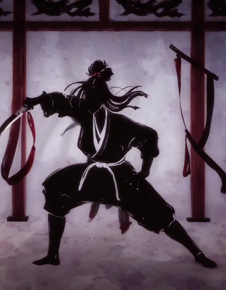 <lora:niohstorytelling-step00000400:1>,niohstorytell,silhouette of a woman training with a sword in a dojo