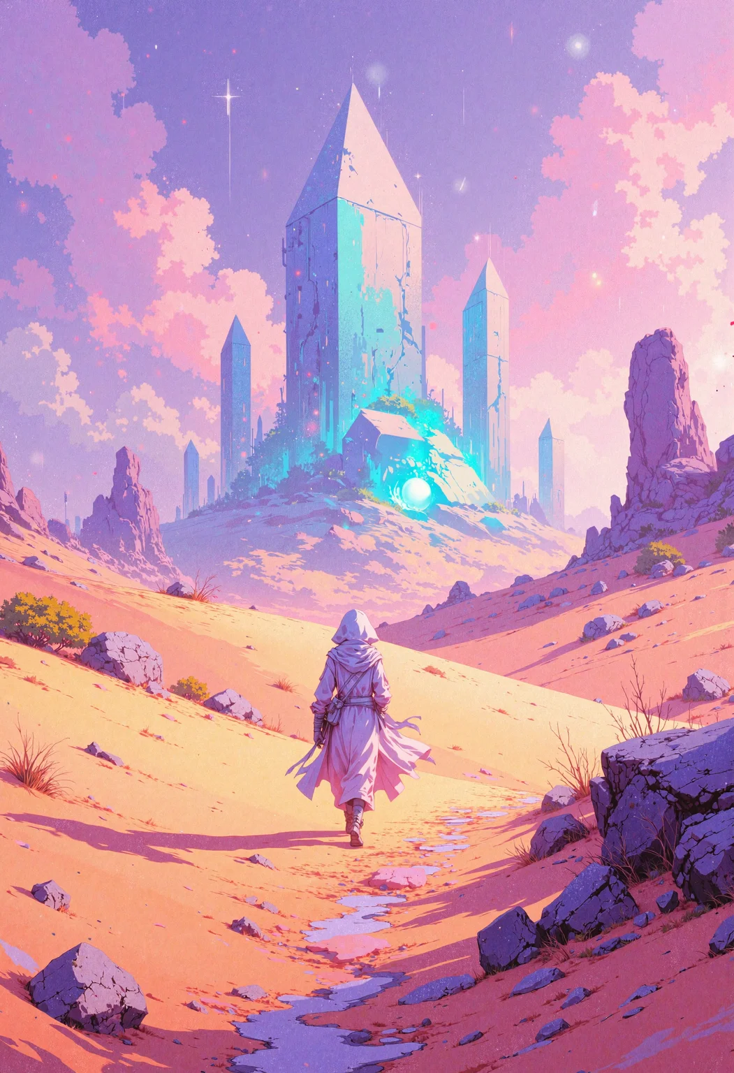 masterpiece, high-quality, pastel anime style â A lone traveler wanders across shifting dunes of peach-tinted sand under a gentle lilac sky. In the distance, crystalline structures shimmer like an otherworldly mirage, their surfaces reflecting mint and lavender highlights. The travelerâs outfitâflowing robes and a veiled hoodâflutters in a soft pastel breeze, revealing a determined gaze beneath. Scattered star-like particles glint in the sand, creating a hyperdetailed, magical desert vibe, <lora:FLUX\Anime v1.3:0.5> <lora:FLUX\EmberveilV3:0.8>