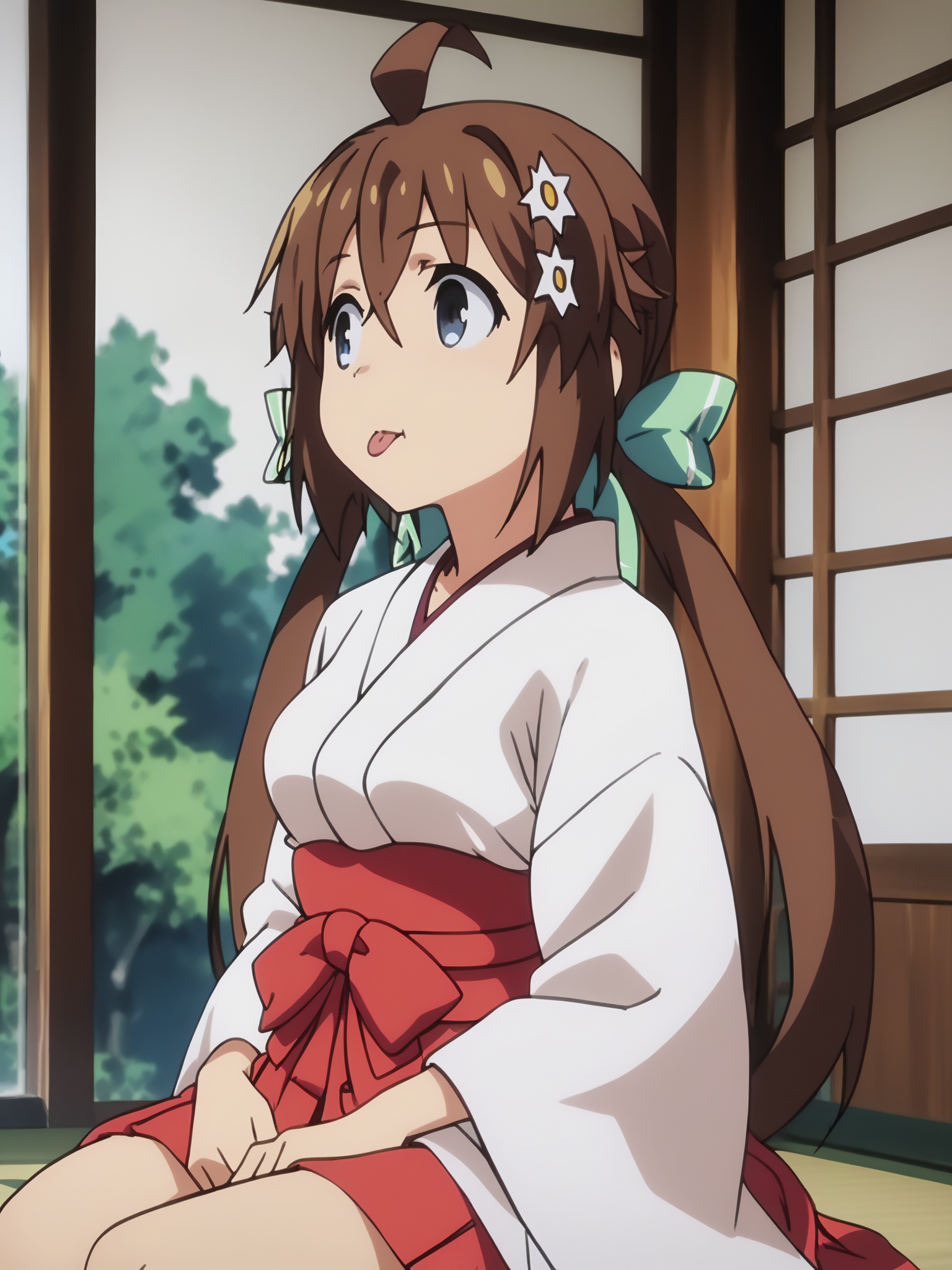 <lora:happy_tentacle-koinaka-mio-v0.1-000030:0.9>, ht_koinaka_mio, white kimono, japanese clothes, hakama skirt, red hakama, ribbon-trimmed sleeves , 1girl, solo, portrait , unusually open eyes , tongue out , , looking away , sitting , , score_9, score_8_up, score_7_up, score_6_up, score_5_up, score_4_up