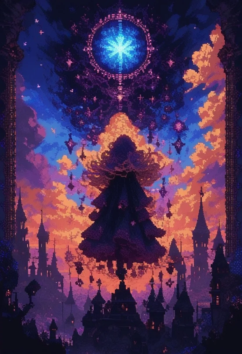 score_9, score_8_up, score_7_up, ethereal pixel art, (dreamy:1.3) landscape, (soft glow:1.2), whimsical creatures, vibrant colors, floating islands, starry sky, intricate details, serene atmosphere, by (Yoshitaka Amano:1.4), enchanting mood. d3p1x3l, pixel art,