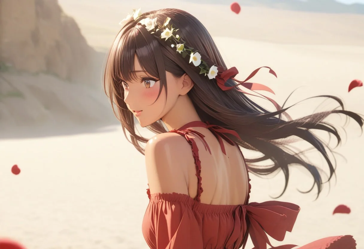 gorgeous lips, cinematic, (masterpiece), (best quality), (ultra-detailed), very aesthetic, illustration, perfect composition, intricate details, absurdres, detailed face, (anime, masterpiece, intricate:1.3), (best quality, hires textures, high detail:1.2), brown eyes,
1girl, brown skin, tan skin, very long black hair, wavy hair,medium breasts, perfecteyes, 8k, highest quality, ultra details,1girl, solo(,red frilly backless sundress with bows and ribbons:1.2), red hair ribbon, surrounded by roses, smelling the roses, hill covered in roses, spring season, cinematic lighting, hair blowing in the wind, dress blowing in wind, blush, smile, happy, falling flower petals ,roses in hair, roses cover the entire ground, flower petals blowing in the wind, (dynamic shot:1.4), photoshoot