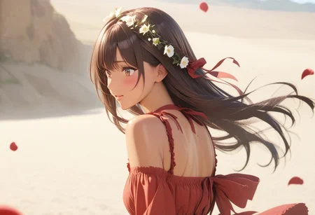 gorgeous lips, cinematic, (masterpiece), (best quality), (ultra-detailed), very aesthetic, illustration, perfect composition, intricate details, absurdres, detailed face, (anime, masterpiece, intricate:1.3), (best quality, hires textures, high detail:1.2), brown eyes,
1girl, brown skin, tan skin, very long black hair, wavy hair,medium breasts, perfecteyes, 8k, highest quality, ultra details,1girl, solo(,red frilly backless sundress with bows and ribbons:1.2), red hair ribbon, surrounded by roses, smelling the roses, hill covered in roses, spring season, cinematic lighting, hair blowing in the wind, dress blowing in wind, blush, smile, happy, falling flower petals ,roses in hair, roses cover the entire ground, flower petals blowing in the wind, (dynamic shot:1.4), photoshoot
