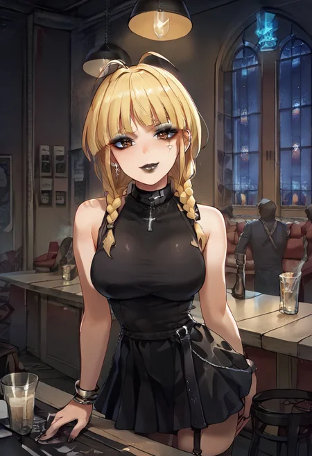 Score_9,score_8_up,score_7_up,score_6_up,source_anime,detail,1girl,solo,neon glow,BREAK
(ruined makeup:1.3),BREAK
GothicC, makeup, lipstick, mascara, black nails, tattoo, black lips, wide lips, BREAK
akzkrtk,long hair, (blonde hair),(twin braid,bangs:1.1), antenna hair,((no glasses)),brown eyes, BREAK
(the whole body is sweaty:1.2), (steam on the body),((jet-black skin)), BREAK
(indoors:1.1),(night:1.4),(cowboy shot:1.2), Dutch Angle Shot, (dynamic angle:1.2), (dynamic pose:1.2), face focus, eyes focus, (sitting, beside Bar counter,), smoking, BREAK
ruanyi0729,indoors,bar \(place\), BREAK
ruanyi1005,backless dress,black dress,sleeveless,turtleneck,short dress,tight dress,cross-laced clothes, BREAK
Expressiveh,horny face,((seduce)),seduce smile, mouth close, BREAK
OverallDetail,Frontlight,