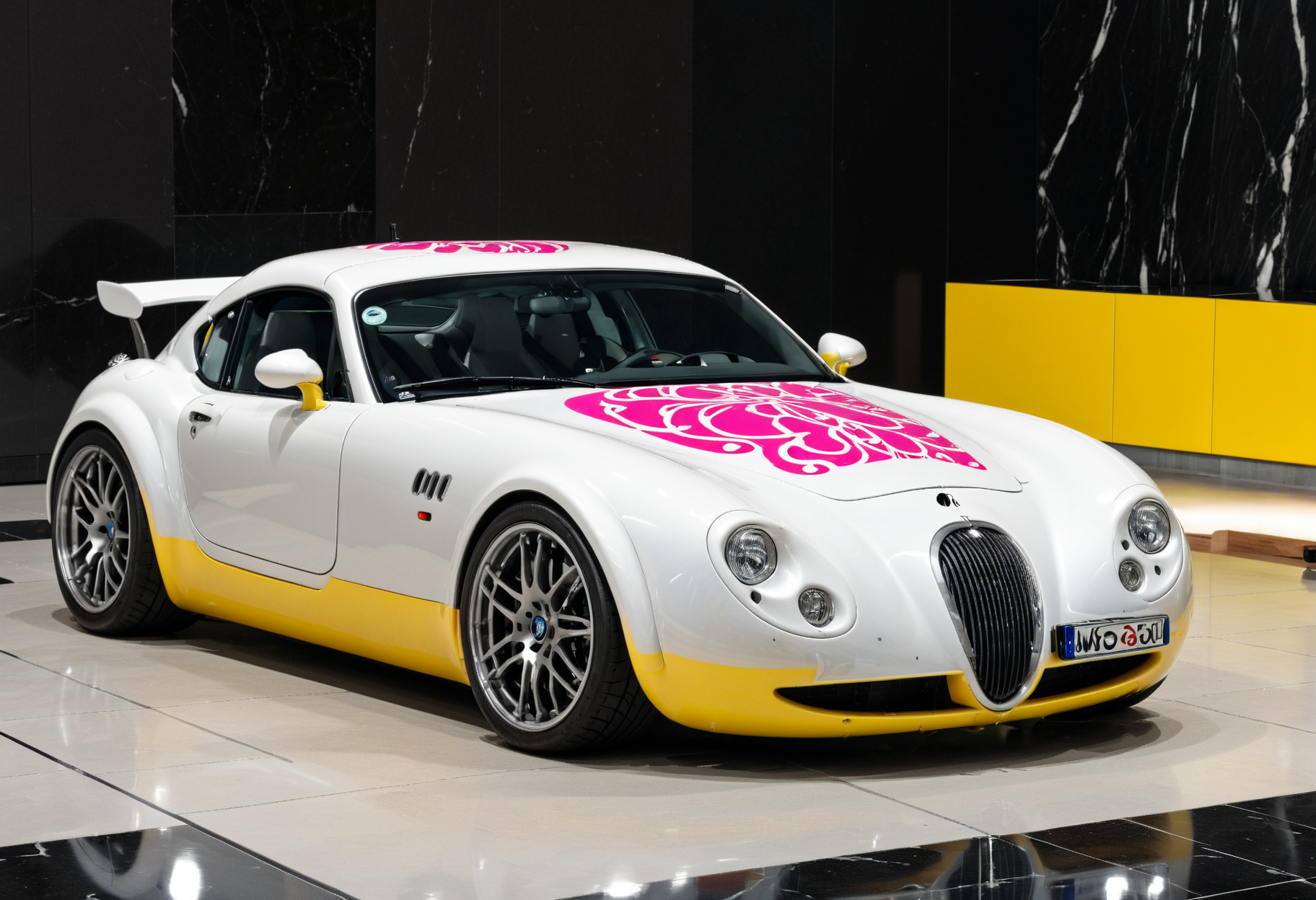 lgcrs,a  car Wiesmann, looking like a Easter Bunny,with aggressive color pattern, (oaken wood:1.3) and blacks,parked on a (black marble surface:1.2),before a silver sphere, easter eggs like pattern
<lora:Retro_Cars-000011:0.8>,