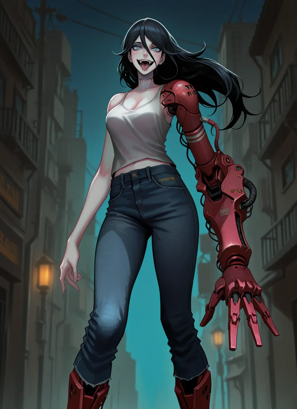 artist:, masterpiece, best quality, newest, very awa, absurdres, highres, jtts, 1girl, marceline abadeer, open mouth, tongue, crazy smile, cyborg, cybernetic arm, cybernetic legs, black hair, long hair, grey skin, fangs, clothed, white tank top, jeans, v_over_eye, night, futuristic city, lights, detailed, <lora:SDXL\Illustrous\Jittsu_style:1.0>