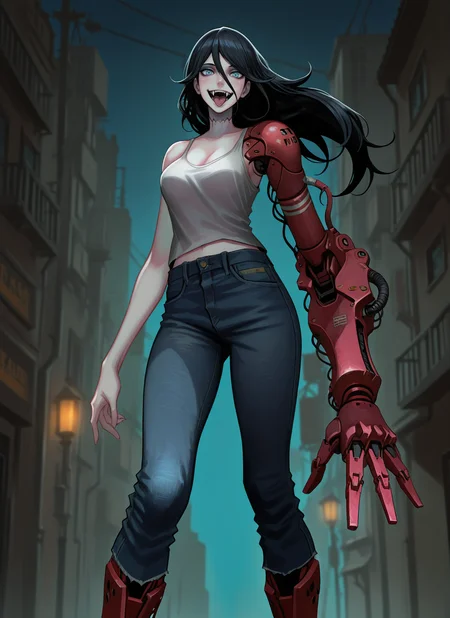 artist:, masterpiece, best quality, newest, very awa, absurdres, highres, jtts, 1girl, marceline abadeer, open mouth, tongue, crazy smile, cyborg, cybernetic arm, cybernetic legs, black hair, long hair, grey skin, fangs, clothed, white tank top, jeans, v_over_eye, night, futuristic city, lights, detailed, <lora:SDXL\Illustrous\Jittsu_style:1.0>