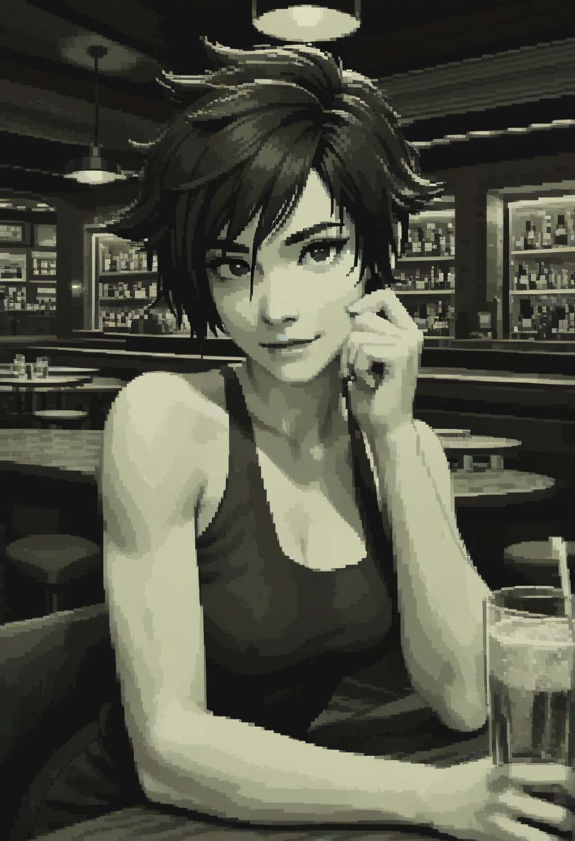score_9, score_8_up, 
green theme, monochrome, pixel, bold lines, flat colors,
beautiful, restaurant, bar, modern,
looking at viewer, pretty eyes, Expressiveh, 
dark eyebrows, medium breasts,
tomboy, date night