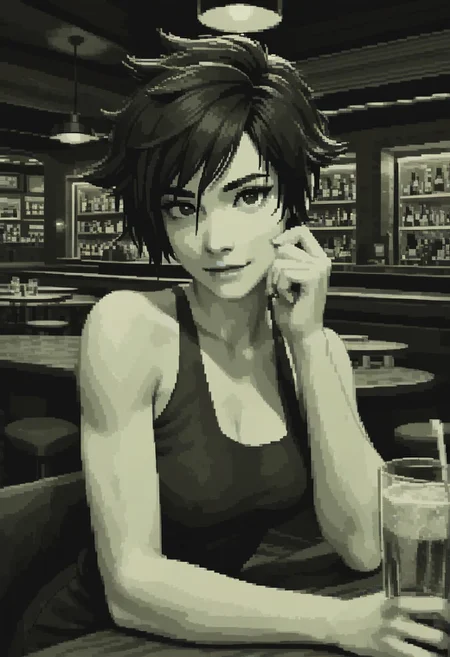 score_9, score_8_up, 
green theme, monochrome, pixel, bold lines, flat colors,
beautiful, restaurant, bar, modern,
looking at viewer, pretty eyes, Expressiveh, 
dark eyebrows, medium breasts,
tomboy, date night