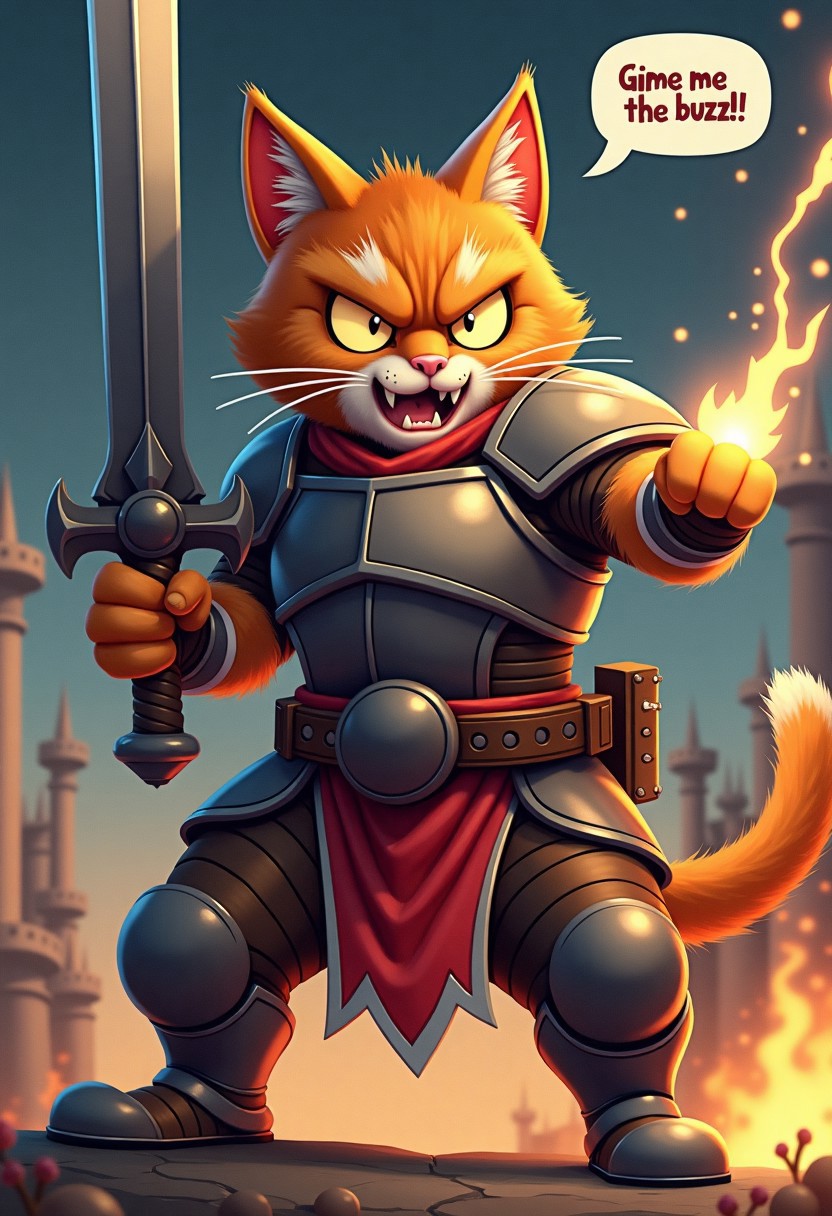 a angry cat with an armor and a thunderbolt sword, saying a text bubble that says "Gime me the buzz!!" while fighting