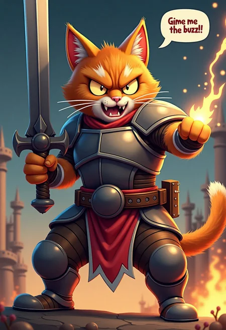 a angry cat with an armor and a thunderbolt sword, saying a text bubble that says "Gime me the buzz!!" while fighting