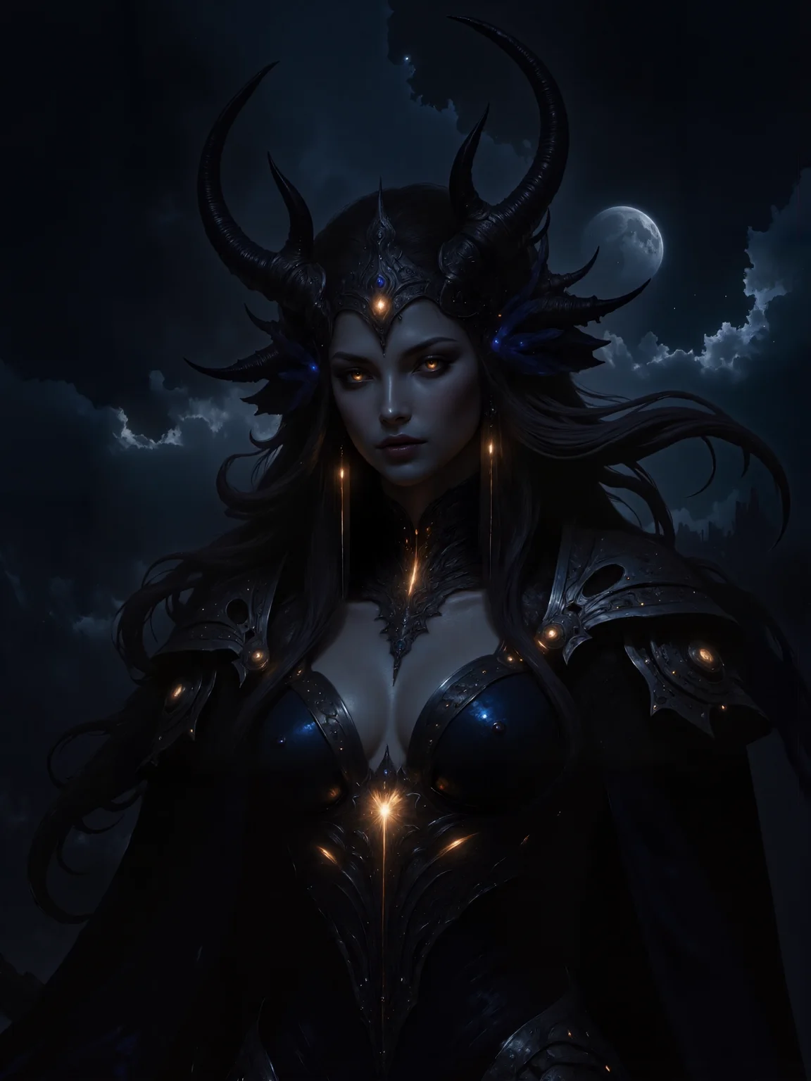 a highly detailed, masterful digital portrait painting of the stunning and majestic night goddess nyx with glowing amber eyes, set in a dark fantasy world under a brooding, cloudy night sky, the clouds are dark and dramatic, swirling with an ominous energy, her pale skin glows softly in the dim moonlight, highlighting her regal and ethereal beauty, she has long, flowing black hair cascading in elegant waves, adorned with intricate, symmetrical patterns of black, blue, and gold embellishing her ornate headpiece and armor. her face is perfectly framed by luxurious, masterfully crafted jewelry, delicate and shimmering with silver and gold accents, she wears an opulent dark blue velvet gown that drapes gracefully over her form, its silver and gold embroidery catching faint light, her armor is intricate and heavily detailed, featuring ornate, swirling designs that add an air of power and mystique, the lighting is soft and moody, like pale moonlight, focusing on her serene face and creating an atmospheric glow that contrasts beautifully with the dark background. the camera angle is low, emphasizing her commanding, otherworldly presence, her dreamy yet powerful expression is magnetic, and her glowing amber eyes—her most striking feature—radiate a faint golden light, contrasting vividly with her dark hair and subtle makeup, the makeup, though understated, highlights her mesmerizing eyes and soft, full lips, enhancing the sense of elegance and mystery. the background features a subtle gradient of deep blues and blacks, complementing the goddess's dark, gothic aesthetic, the atmosphere is moody and textured, with an emphasis on the interplay of light and shadow, the overall color palette leans toward cool, dark tones—deep blues, blacks, and golds—evoking a sense of majesty, power, and timeless beauty, the attention to texture and detail throughout the composition heightens the realism and adds depth to the painting, creating a scene that feels both elegant and otherworldly, zhongfenghuastyle, amanoer, <lora:style-zhong_feng_hua-flux-by_showevr:0.68> <lora:style-fantasy_and_scify-flux-by_artifyai:0.68> <lora:epic_gorgeous_details-character-flux-by_flyway:0.44> <lora:style-yoshitaka_amano-elden_ring-flux-by_alicient:0.56> <lora:style-midjourney_lucid_dreams-flux-by_kawaiikitsuneai:0.24>