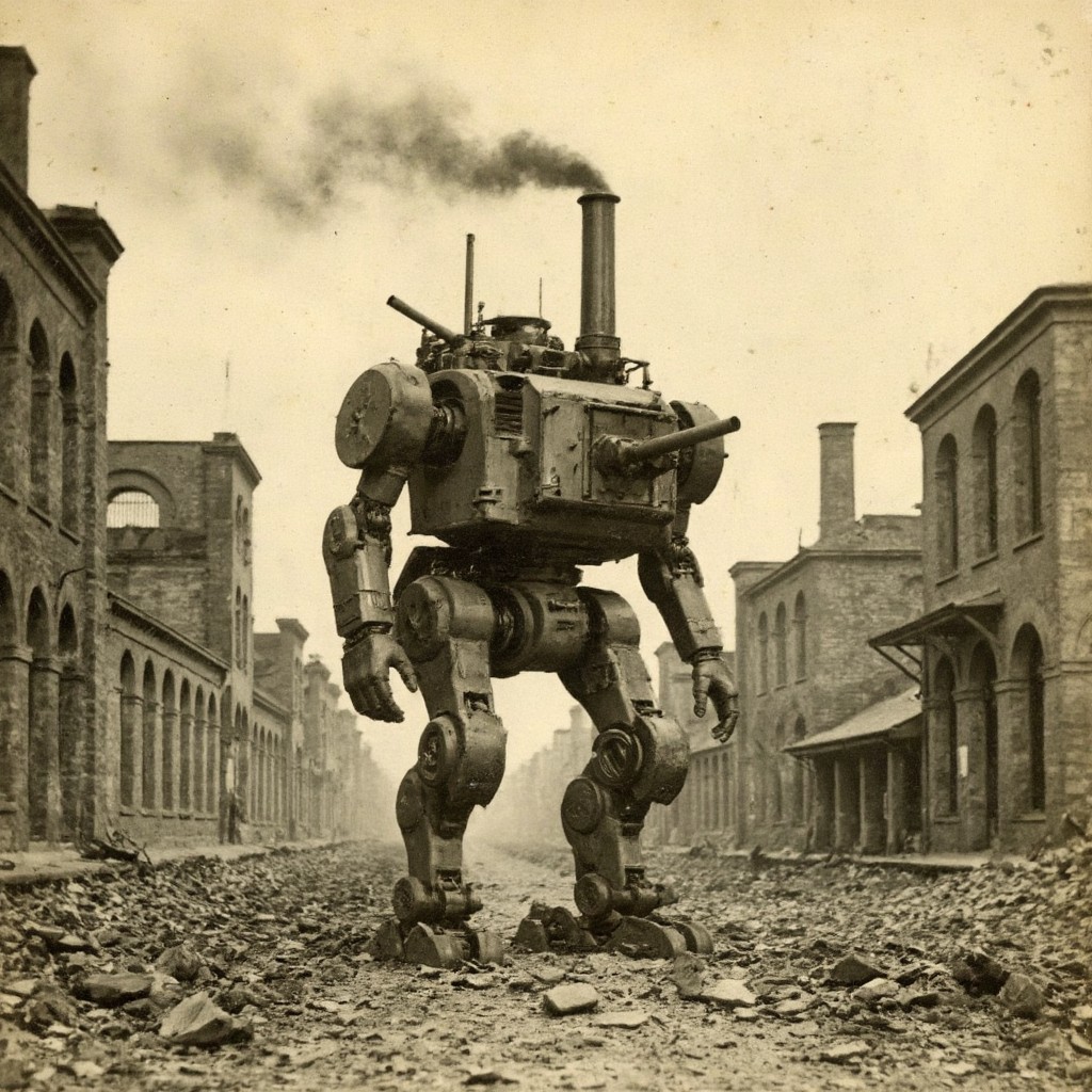 An aged worn sepia monochrome 1800s photograph of a steam powered mecha, turret with canon, walking robot, smokestacks up top, thick black smoke, walking through a war-damaged city,