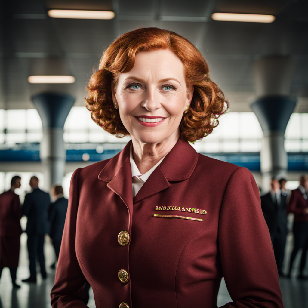 cinematic photo  happy middleaged (1 woman:1.3) corpulent redhead Gentrude Stein <lora:BarnumAtelier-SDXLa:1> portrait, full-body,  curvaceous german stewardess,blushes, detailed skin, skin imperfections,   skin pores, busy airport terminal . 35mm photograph, film, bokeh, professional, 4k, highly detailed