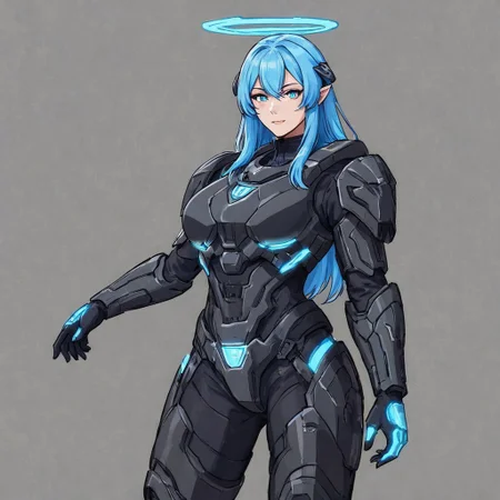 master chief, evang ,Attractive, blue haired, succubus woman with an hourglass shape, wearing halo armor, glowing blue light surrounding her body