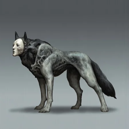 MikeFranchinastyle, berserk style, Surreal art, d4artstyle, d4concept, , made of clay, Kentaro Miura, ZBClay model of a gray sculpture
Set against a solid color background to emphasize its unnatural form and grotesque eerie and unsettling anatomy that emphasizes its silhouette.
The medium is not a traditional painting or illustrative medium like watercolor or ink but rather a digital 3D rendering.
A surreal, unsettling creature with a wolf-like body and an eerie, porcelain mask for a face, blending animalistic and uncanny characteristics. Its body is covered in thick, textured fur, black and deeply shadowed, giving it a dark, mysterious aura. The fur transitions sharply to smooth, pale limbs that resemble the white, unblemished surface of porcelain, contrasting starkly with the dark fur. Its face is a blank, emotionless white mask, with hollow, black eyes that convey an unsettling gaze and tiny, delicate cracks scattered across the surface. Black lines, as if ink or tears, streak down from the mask’s eyes and mouth, adding a sense of sorrow or haunting symbolism. The creature’s posture is contorted, with its head twisted at an unusual angle, suggesting both curiosity and a disturbing awareness. A long, curled tail completes its form, adding an eerie elegance. Hyper-detailed, focusing on the contrast between fur and smooth porcelain, the unsettling expression, and intricate textures, with no background.