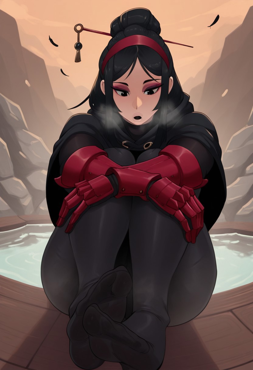 klnjero,  outdoors, undershirt, falling feathers, black bodysuit, hair stick, hugging knees, knees to chest, gauntlets, eyeshadow, red gloves, two sides up, black capelet, red hairband, black eyes, 1girl, solo, feet, visible breath, dynamic angle, foreshortening, smell, steam, onsen, water