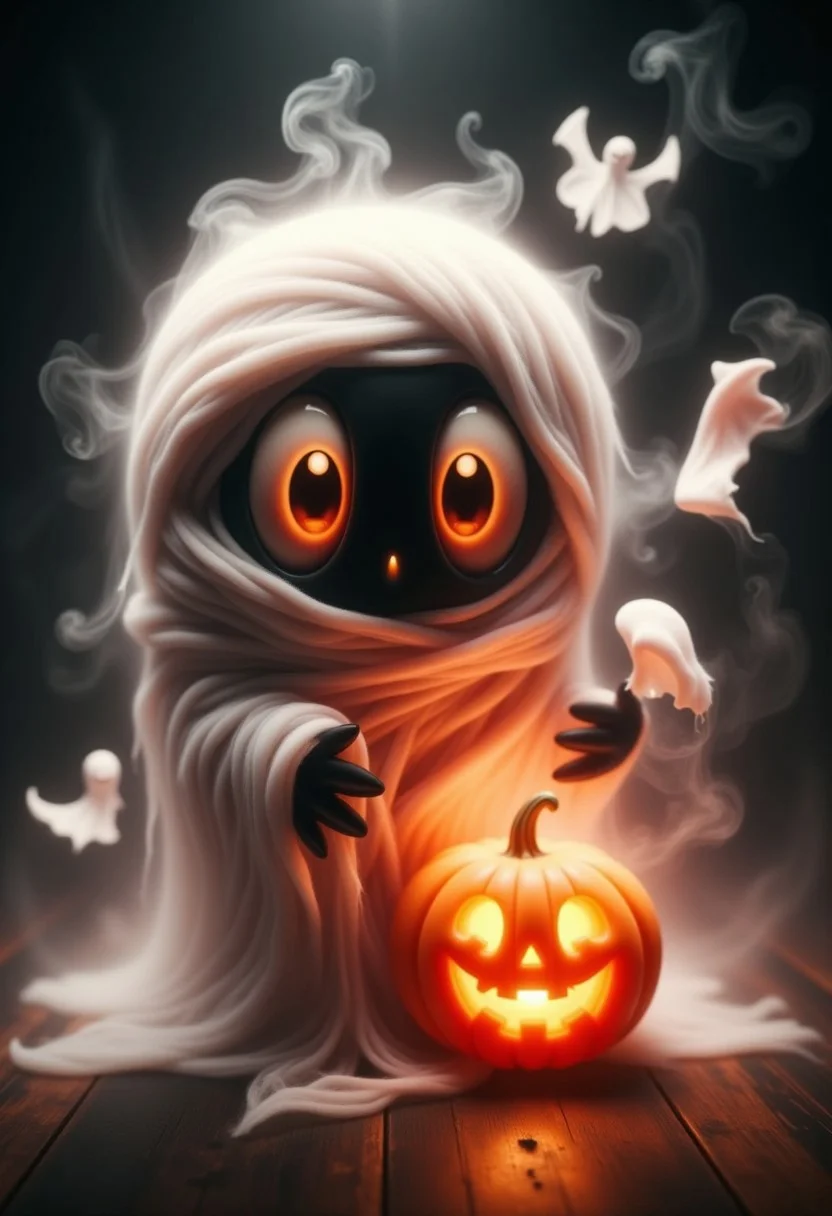 GhostlyStyle, an adorable, chubby little mummy ghost with loosely wrapped bandages and big, kind eyes, gently hugging a tiny, glowing pumpkin spirit with a cheerful jack-o'-lantern face. The mummy ghost has a warm, playful expression, and a few bandages float around for extra charm. Digital art, super chubby and cute, with a soft, warm glow to create a cozy, slightly spooky Halloween scene.