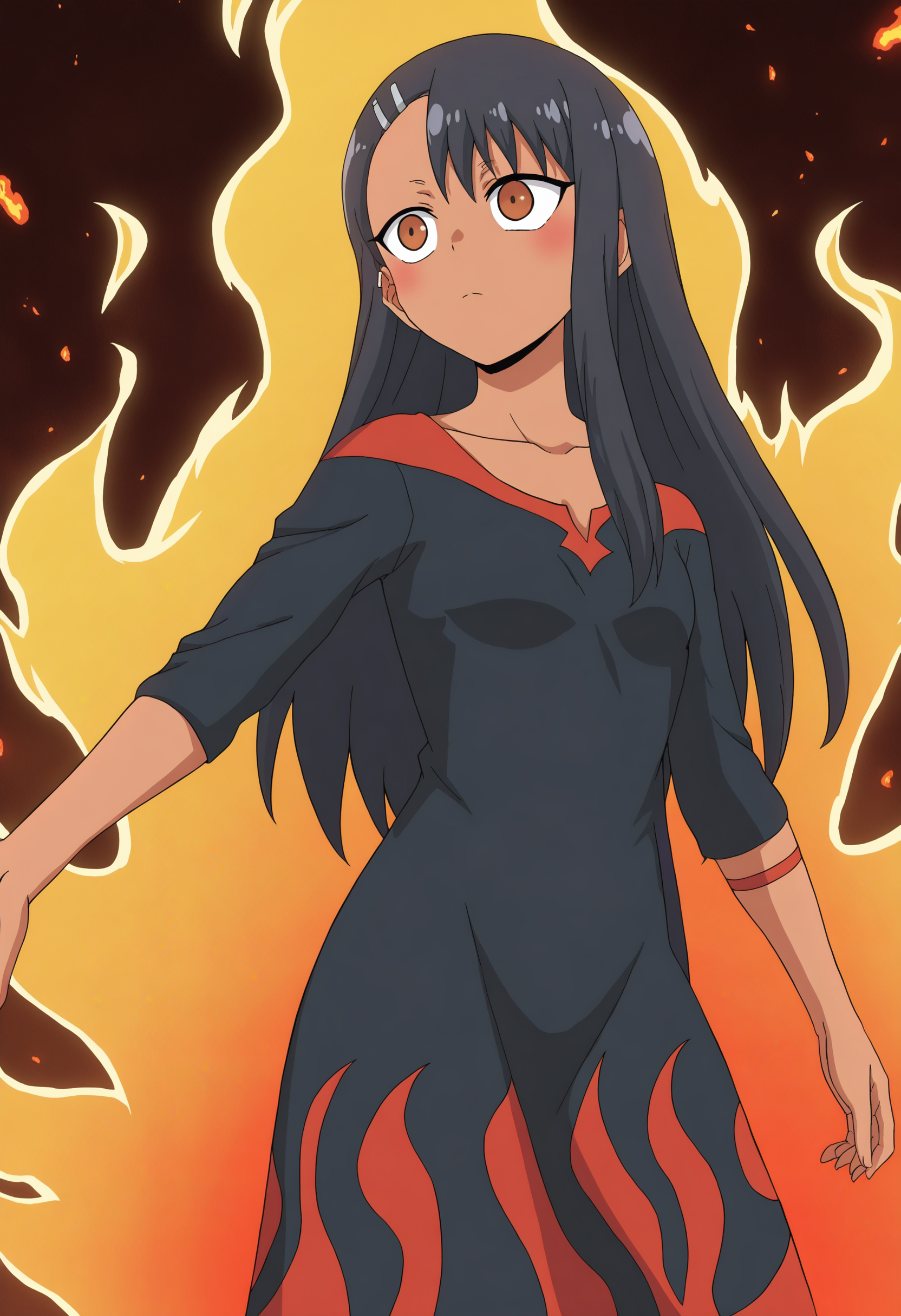 <lora:Hayase Nagatoro - [Dont Toy with Me Miss Nagatoro] - IllustriousXL v1:1>, sysdeep_hayase, 1girl, solo, small breasts, long hair, black hair, brown eyes, hairclip, anime coloring, dark-skinned female, volcanic altar, magma flowing upward, long fire-patterned dress, eyes burning like embers, magic sigil spinning above, fiery expression