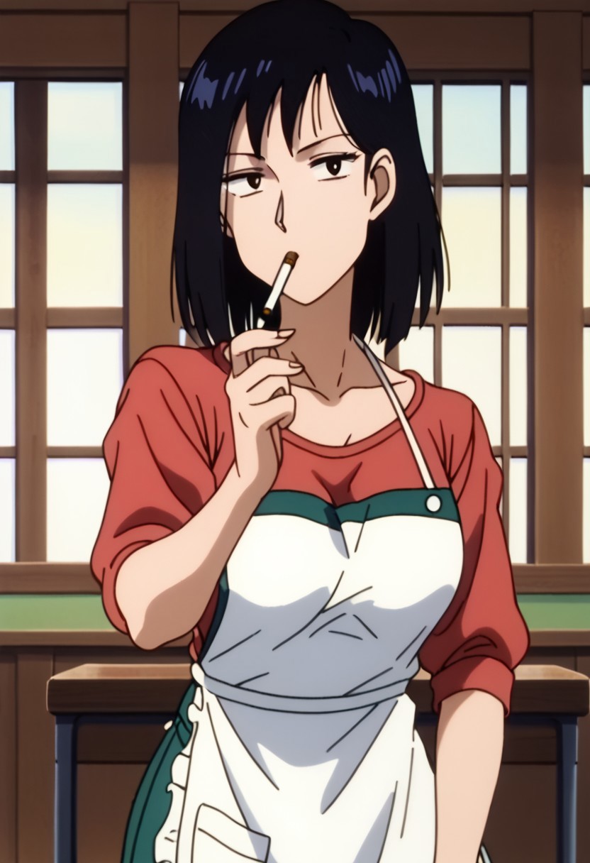 score_9, score_8_up, score_7_up, best quality, masterpiece, anime screencap, anime coloring, 1girl, solo, looking at viewer, igawa keiko, black hair, black eyes, shirt, medium hair, breasts, large breasts,
cigarette, apron, window, chair, smoke, smoking, white apron, collarbone, indoors, holding cigarette, holding, red shirt, shirt,