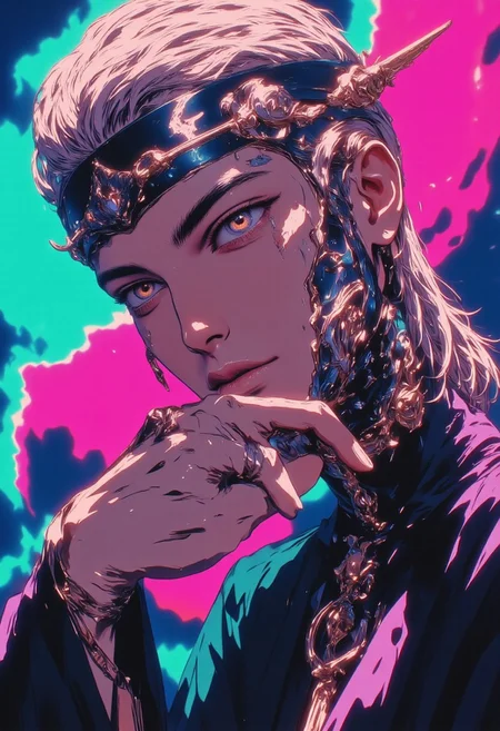 In a semi-realistic anime cyberpunk ne0nfant4sy style, with aidmaMJ6.1 drawing precision, create a hyper-detailed close-up of a handsome 30-year-old man with short, subtly wavy blonde hair. His face is turned 30 degrees to the right, yet his expressionless, stoic eyes lock directly with the viewer. The man has feminine features, with delicate golden intricate face paint just below his lower eyelids, tracing across his cheeks. A metallic ring is pierced through his eyebrows as an ornament, and he wears a unique Gold Holy Cross & Chain Hoop Earring on one ear. He is dressed in a traditional Japanese martial arts "Gi" or "Dōgi," with clean, sharp lines accentuating the folds and texture of the fabric, which reflects the neon lighting subtly. His visor, reminiscent of Cyclops, is sleek and minimalistic, with lenses made from ruby quartz, allowing him to control his optic energy beams safely. The lighting casts soft highlights on his skin, emphasizing the detailed hand he delicately holds near his chin, showcasing the Perfect hand, detailed with every joint and muscle captured in sharp, realistic detail. The background is an iridescent blend of neon pink, blue, and green hues, adding a futuristic glow.