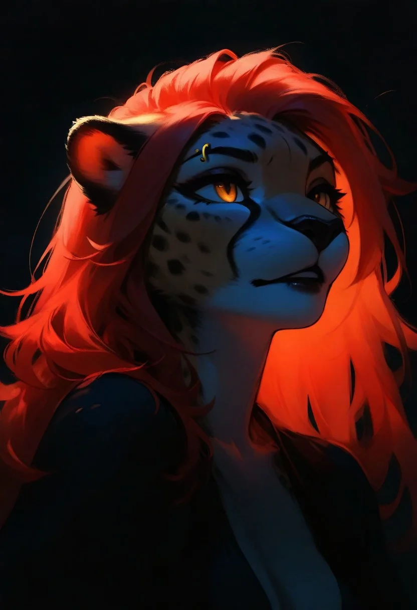 1girl, furry, anthro, cheetah, solo, dark, light, masterpiece, best quality, very aesthetic, close up, red hair, parted lips, looking over shoulder, eyebrow piercing,