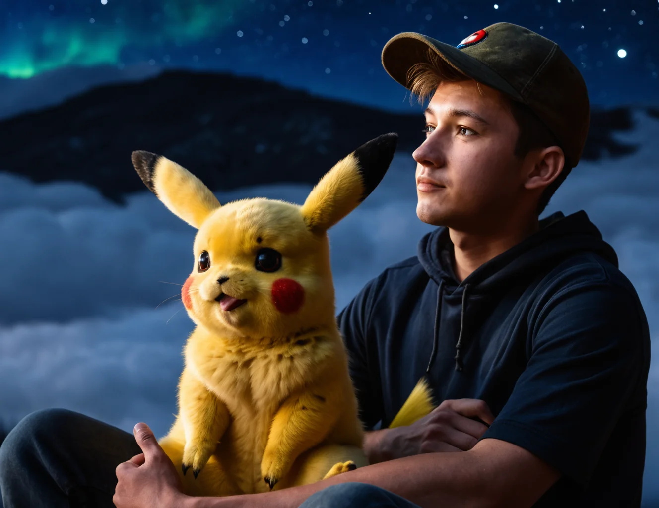 score_9, score_8_up, score_7_up, Close Up, Realism, Realistic looking Pikachu, sitting next to a human, who is a teenage male named Ash his trainer, realistic fur, dark night sky, aurora borealis sky, <lora:Realistic000003_1_2.5DAnime_0.05_Merge1:1> <lora:HandFineTuning_XL:1> <lora:fix_hands:1>
