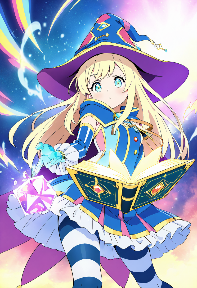 masterpiece, best quality, 1girl, solo, eyelashes, (beautiful eyes), dynamic pose, foreshortening,  [Dream Carnival Alchemist], asymmetrical coat, potion belt, crystal-embedded gloves, floppy wizard hat, striped tights, ruffled skirt, floating spellbook, colorful circus tent, levitating potions, starry stage,