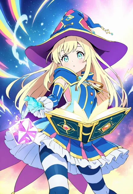 masterpiece, best quality, 1girl, solo, eyelashes, (beautiful eyes), dynamic pose, foreshortening,  [Dream Carnival Alchemist], asymmetrical coat, potion belt, crystal-embedded gloves, floppy wizard hat, striped tights, ruffled skirt, floating spellbook, colorful circus tent, levitating potions, starry stage,