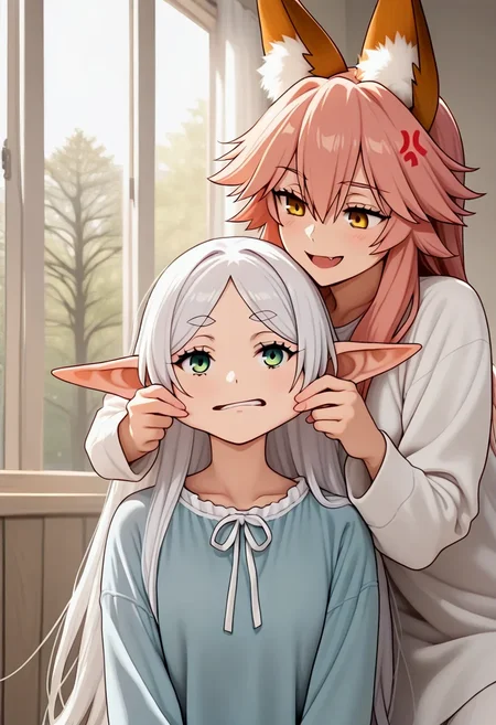<lora:noobai_ep11_stabilizer_v0.198_fp16>2girls,tamamo \(fate\),fox ears,pink hair,smile,yellow eyes,frieren,white hair,green eyes,anger vein,upper body,open mouth,blue pajamas,sweater,cheek pull,indoors,sunlight,tree,masterpiece,
