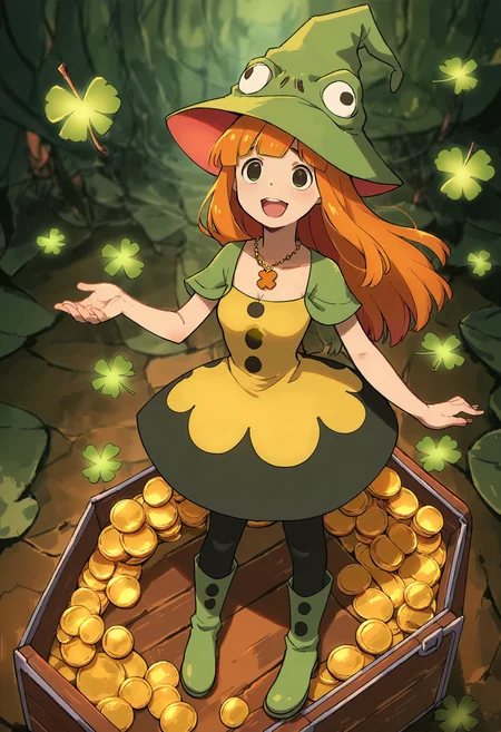 (score_9,score_8_up,score_7_up,score_6_up,score_5_up,score_4_up, source_anime, realistic:1.2),  from above, from afar, (contrasting colors, bright colors:1.1),  (Eruka_Frog, green hat, leprechaun hat:1.3), rating_safe, clover sprouting, forest spirits, 1girl,  thin, curves, adult, thin waist,  medium size breasts, shamrock necklace, open mouth, orange hair,long hair,bangs, thin hat, witch hat, golden dress,black pantyhose,green boots,green polka dots,polka dot dress, (shamrocks, mystical forest, three-leaf clover, treasure chest, rainbow, gold coins:1.2),(bright lightsource, holy theme, glowing, fluorescent,detailed background:1.2),   <lora:Eureka_Frog_v10:1>,  <lora:add-detail-xl:1.5>,  <lora:xl_more_art-full_v1:1.4>